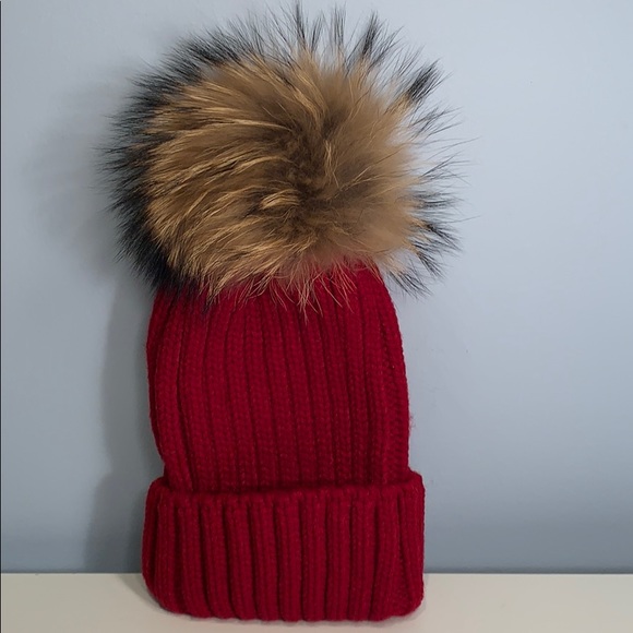 Red Knit Beanie with Removable Pom Pom - Picture 2 of 5
